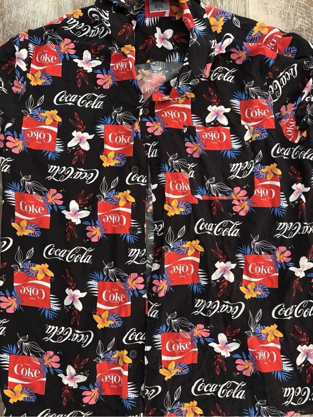 Coca Cola Black Floral Logo Button-Down Shirt with Red Accents